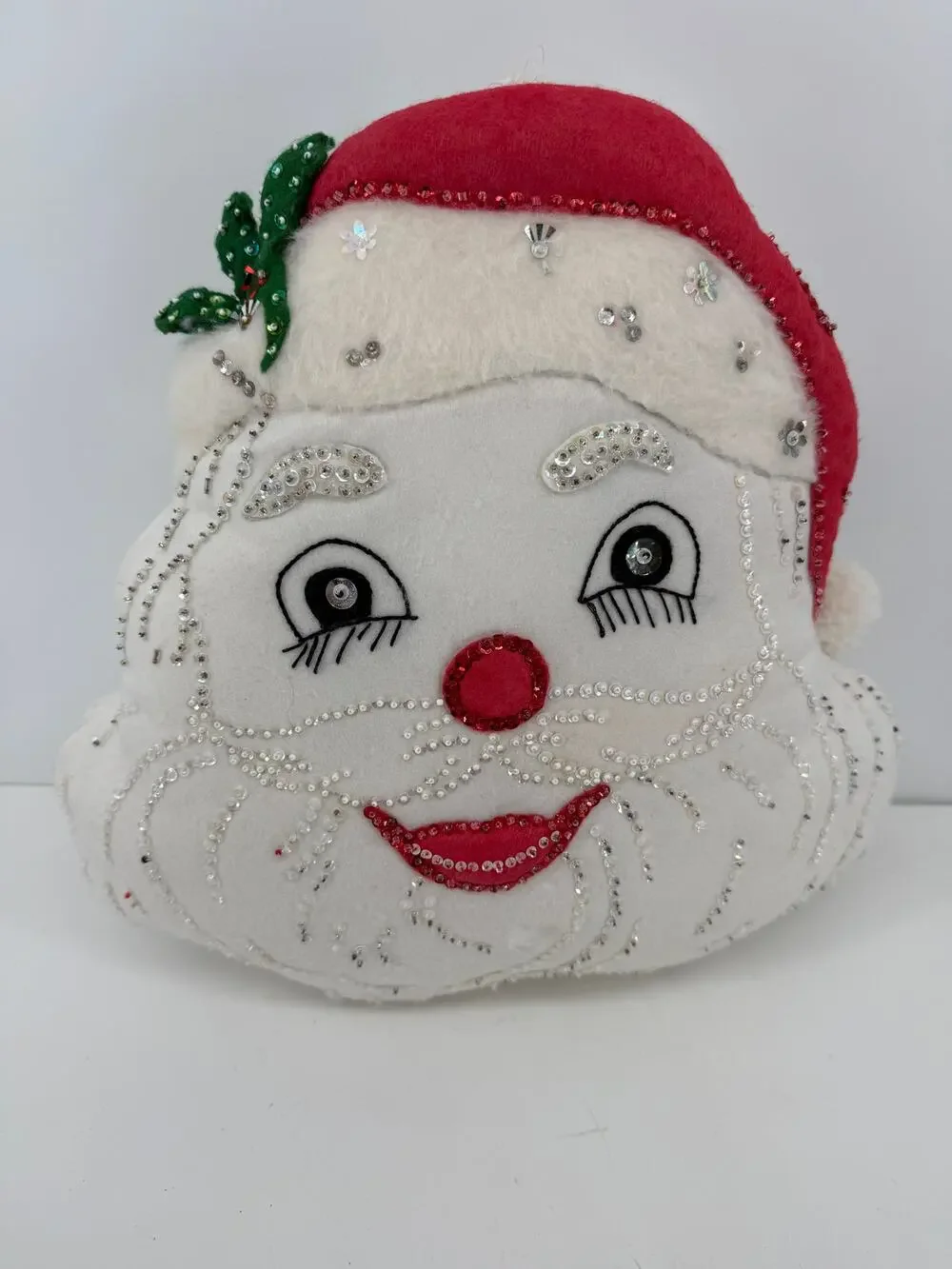 Handmade Santa Face Pillow Door Hanger Beaded Sequined Christmas Decor 14x14